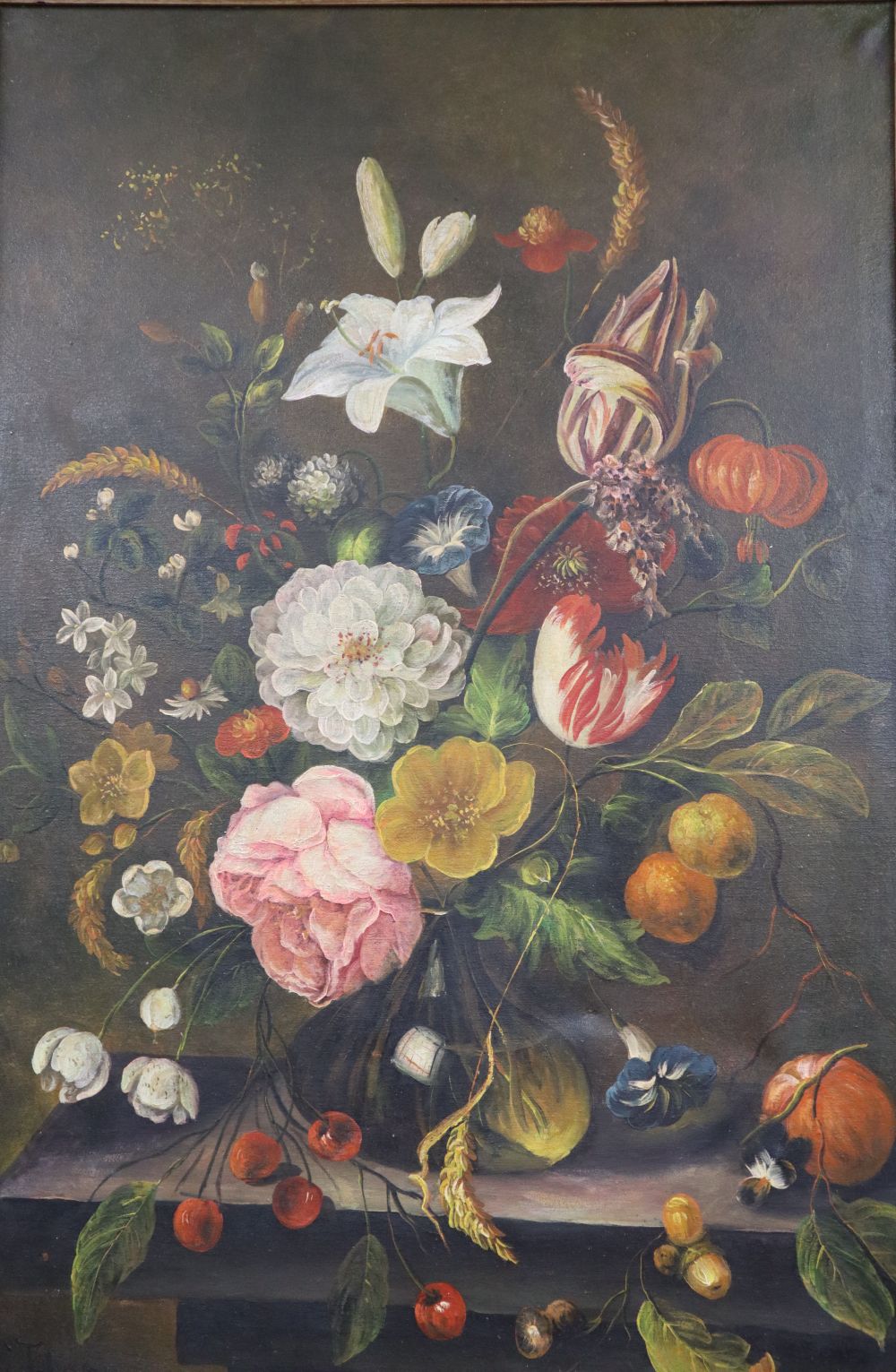 S. Johnson, oil on canvas, Still life of flowers in a vase on a ledge, signed, 90 x 60cm